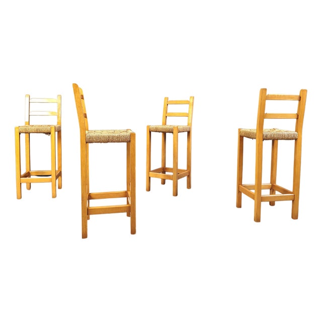 Vintage Oak and Papercord Bar Stools, 1960s, Set of 4 For Sale