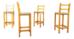 Vintage Oak and Papercord Bar Stools, 1960s, Set of 4