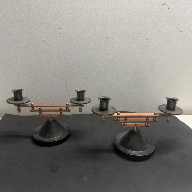 1930s Set of Two Art Deco Silver Plated and Copper Two Lights French Candelabras For Sale - Image 12 of 13