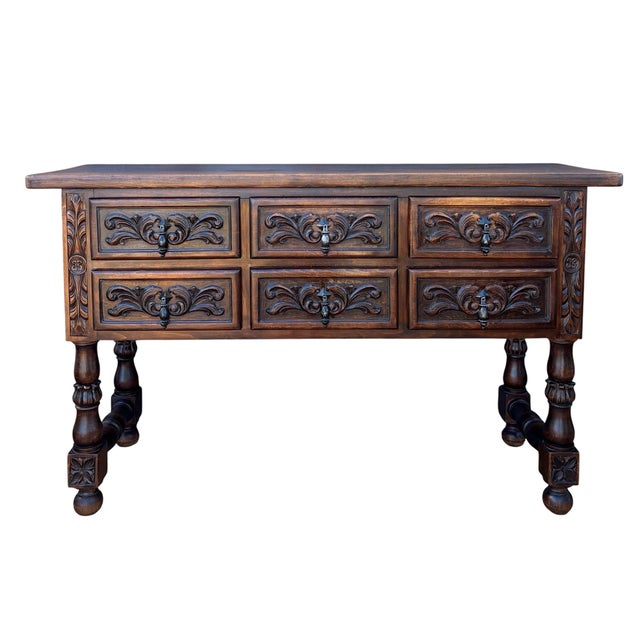 Spanish Renaissance Revival Oak Console Table with Carved Panels, 1930s For Sale - Image 10 of 10