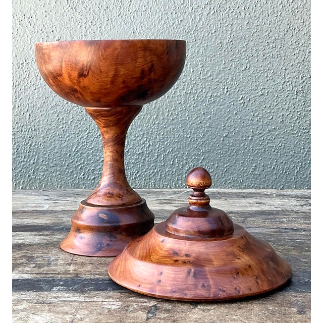Wood Vintage Turned Burl Wood Lidded Bowl on Pedestal For Sale - Image 7 of 12