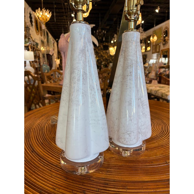 1970s Vintage Murano Style Glass Fluted Scalloped Table Lamps Metallic Veins Newly Wired - a Pair For Sale - Image 5 of 12