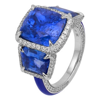 Lugano Gia 14.10 Carat Ceylon No Heat Sapphire Diamond Enamel 18k Gold Ring, Size 6.25 For Sale