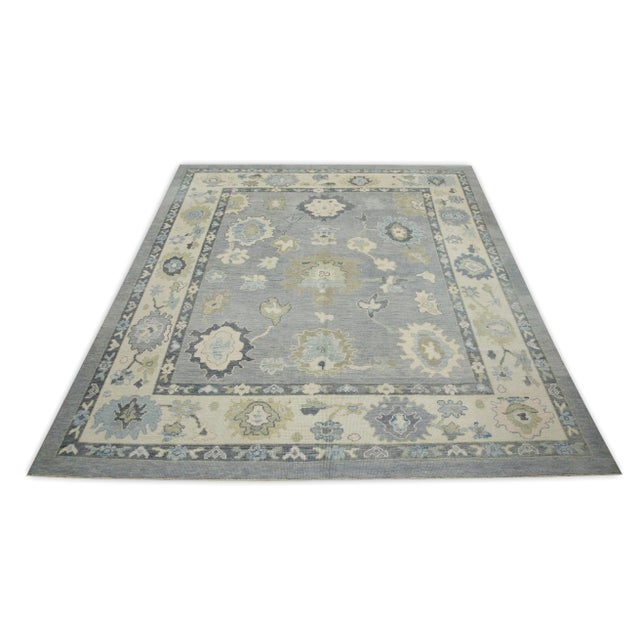 Early 21st Century Blue & Green Floral Design Handwoven Wool Turkish Oushak Rug 8'3" X 9'7" For Sale In Houston - Image 6 of 8