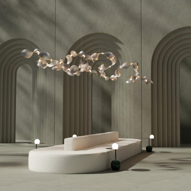 Dune 12 Curve Chandelier with Silver Anodized Shades by Daniel Becker for Moss Objects For Sale - Image 14 of 15
