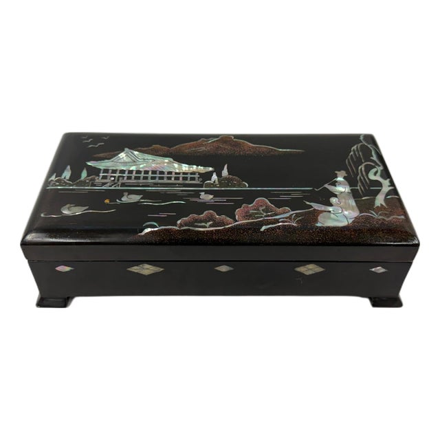 Vintage 1957 Korean Najeonchilgi Black Lacquer Presentation Smoking Box With Brass Ashtray For Sale