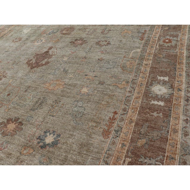 Large Turkish Angora Oushak Rug in Washed Sage With Rust and Ivory 11'10 X 17'4 For Sale - Image 13 of 17