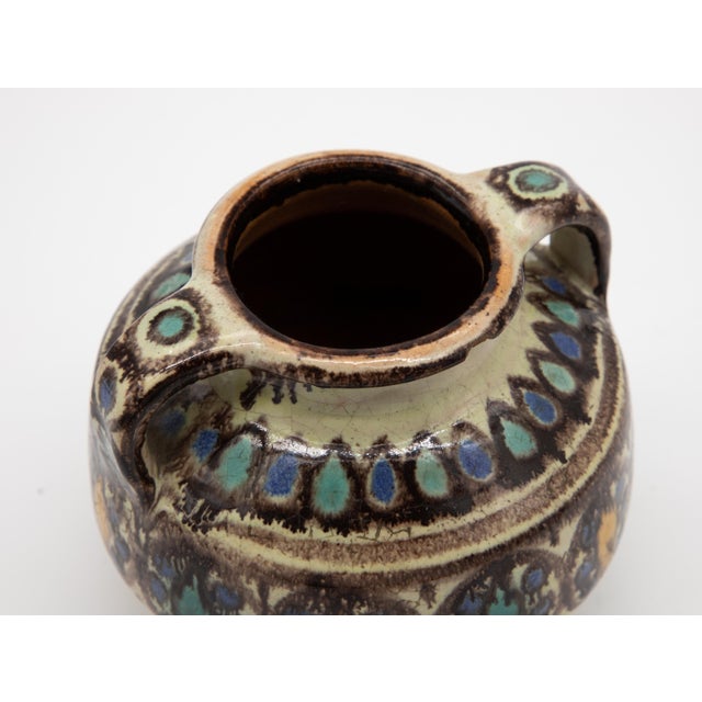 Antique Brown, Blue & Yellow Two-Handled Vase For Sale - Image 9 of 11
