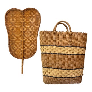 Handwoven Bamboo Fan and Market Tote For Sale