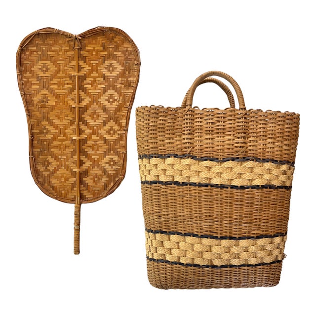 Handwoven Bamboo Fan and Market Tote For Sale