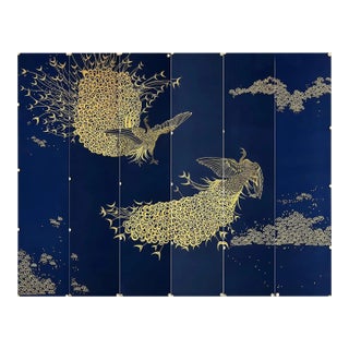 Navy Blue Wallpaper Hand Painted Artworks - 6 Panels For Sale