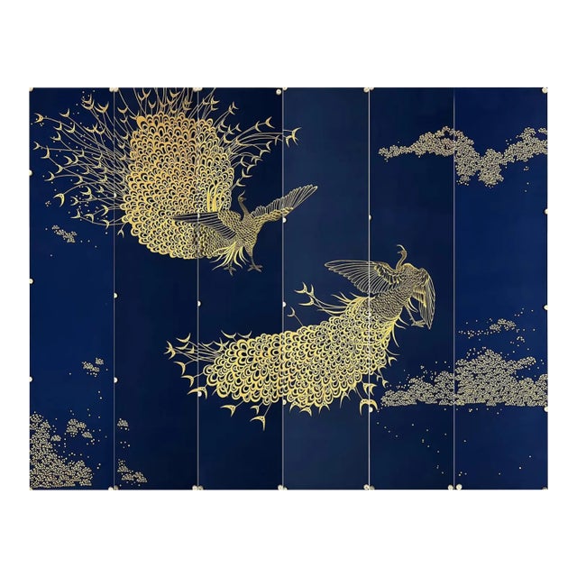 Navy Blue Wallpaper Hand Painted Artworks - 6 Panels For Sale