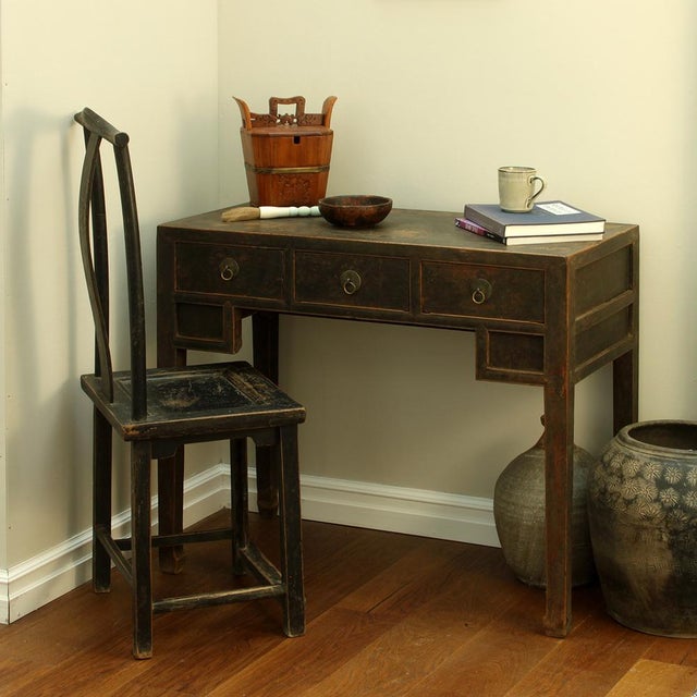 Brown Three Drawer Black Elm Desk For Sale - Image 8 of 10