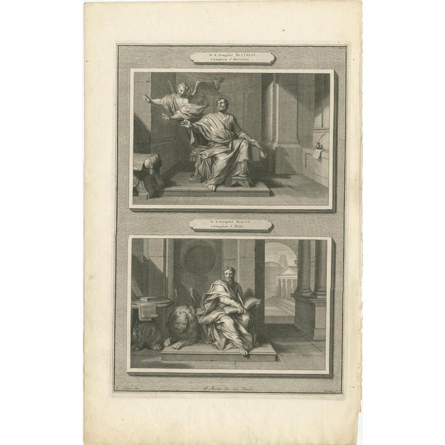 Evangelists Matthew and Mark, Pieter Mortier, ca. 1700 Original antique engraving from Histoire du Vieux et du Nouveau...
