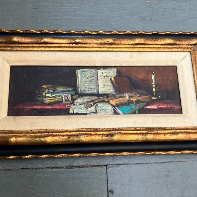 Original 4 x 12 painting on wood panel Signed bottom right Overall size with original frame with aged & spotted linen...