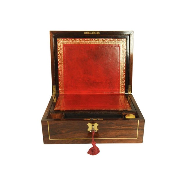 Victorian Rosewood Writing Slope with Brass and Leather Inlay, UK, 1880, Set of 5 For Sale - Image 6 of 13