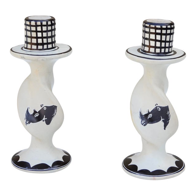 Vintage Handmade West-African Rhino-Patterned Soapstone Candleholders- S/2 For Sale