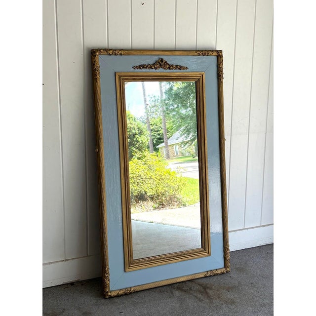 French Large French Giltwood / Baby Blue Frame Floor or Wall Mirror For Sale - Image 3 of 4