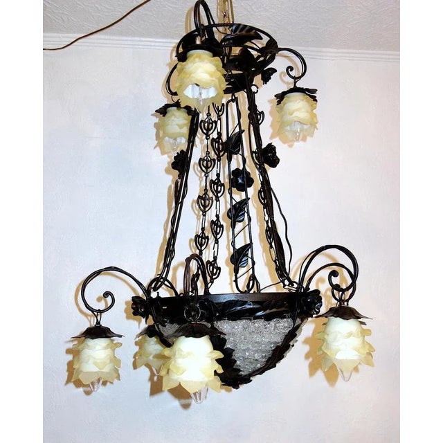 1940s Antique French Black Patinated Metal and Glass Chandelier, 1940s For Sale - Image 5 of 5