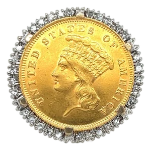 1855 Indian Princess $3 Gold Coin w/Diamond Bezel set in 14k Gold Ring - Size 4