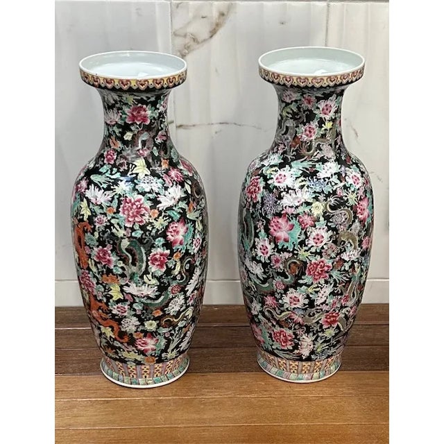 Chinese A Pair of 1920s Large Chinese Famille Noire Porcelain Vase For Sale - Image 3 of 12