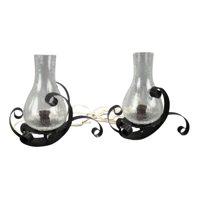 Czechoslovakian Crackle Glass Table Lamps with Wrought Iron Frames, 1950s, Set of 2 For Sale