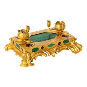 Exquisite Rococo Gilt-Bronze Malachite Encrier Inkwell Desk Set Ca. 1880