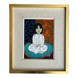 Charming 1970s Original Argentine Signed M. Hester Acrylic on Canvas Portrait Painting of a Young Girl For Sale