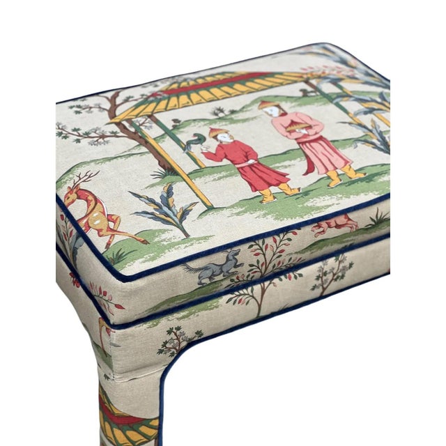 Chinoiserie 1980s Pair Upholstered Benches in Thibaut “Ting Yuan” For Sale - Image 3 of 9