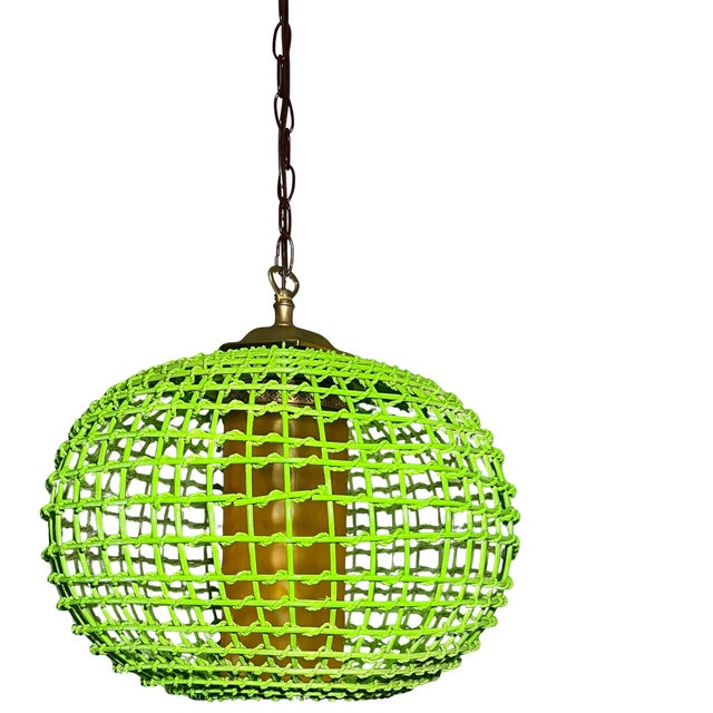 Vintage Rattan Green Globe Oange Glass Shade Pendant Light For Sale - Image 4 of 18