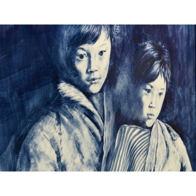 Contemporary Blue White People Graphic Porcelain Wood Framed Art For Sale - Image 9 of 10