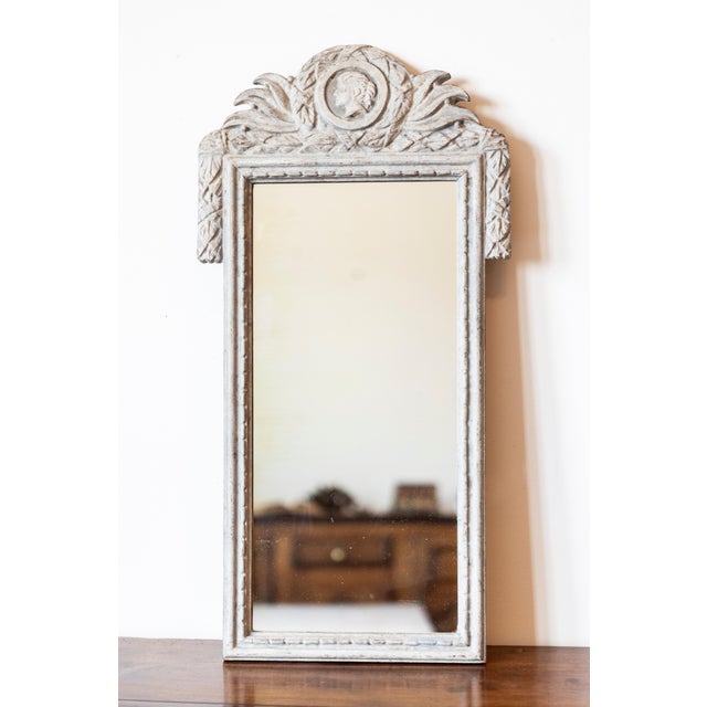 White Danish 1800s Gustavian Gray Painted Wood Mirror with Medallion Carved Crest For Sale - Image 8 of 8