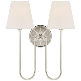 Chapman & Myers for Visual Comfort Signature Polaris 17" Double Sconce in Polished Nickel with Linen Shades For Sale