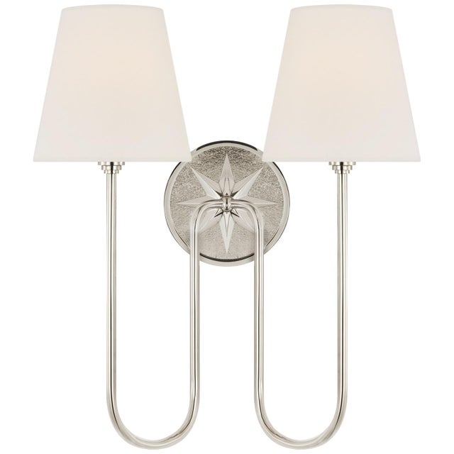 Chapman & Myers for Visual Comfort Signature Polaris 17" Double Sconce in Polished Nickel with Linen Shades For Sale