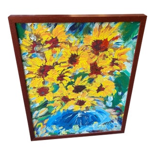 Signed and Framed Vintage Sunflower Painting For Sale