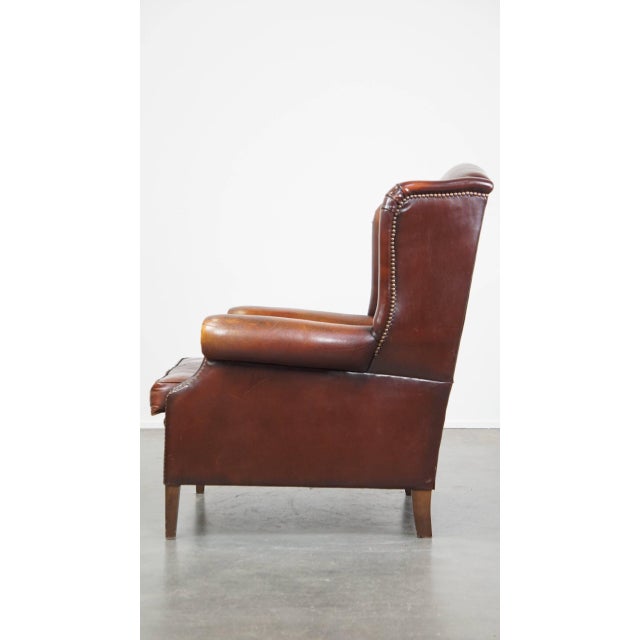 English Dark Leather Wing Chair For Sale - Image 5 of 13