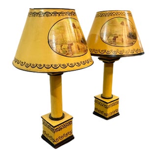 Neoclassical Hand Painted Tole Table Lamps, a Pair For Sale