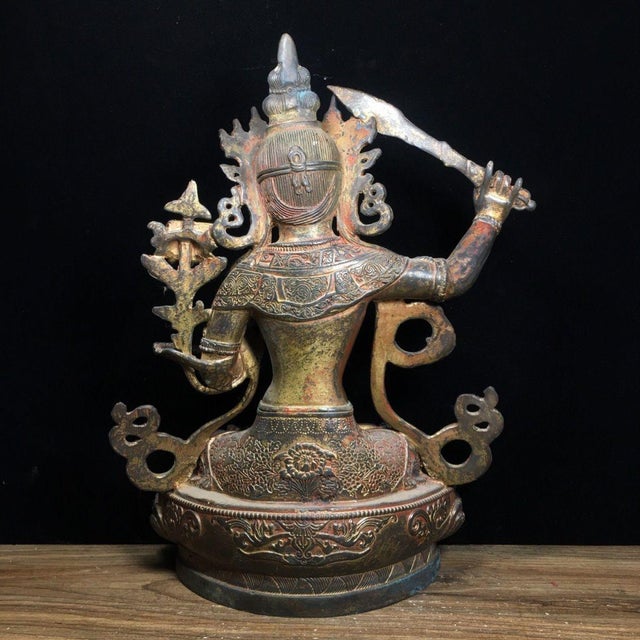 Metal Vintage Tibetan Solid Bronze Manjushri Bodhisattva Sculpture, Seated Lotus Throne Buddha Statue, Chinoiserie Buddhist Altar Decor For Sale - Image 7 of 9