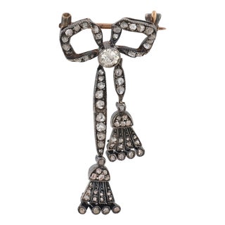 Late 19th Century Victorian Diamond 18k Gold and Silver Bow Brooch For Sale