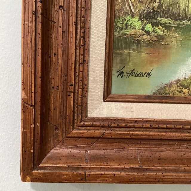 Saffron Mid 20th Century Painting on Canvas Landscape Framed River Fall Trees Signed M.Howard For Sale - Image 8 of 12