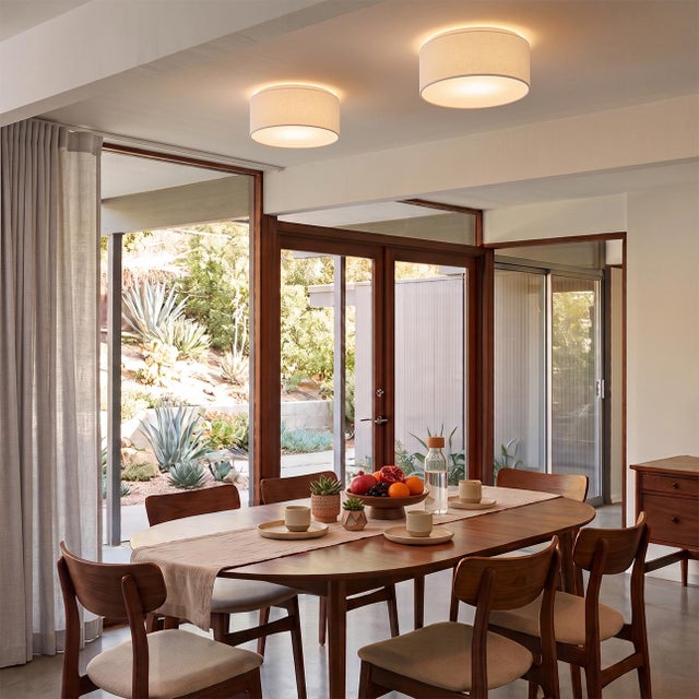 Mid-Century Modern Mid-Century Modern Stretch Flush Mount With Satin Nickel Steel and White Linen Shade For Sale - Image 3 of 5