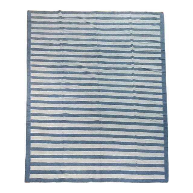 Vintage Dhurrie Rug With Blue Stripes and Cream Accents | Rug & Kilim For Sale
