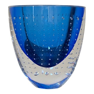 Leon Applebaum Blue Controlled Bubble Art Glass Vase For Sale