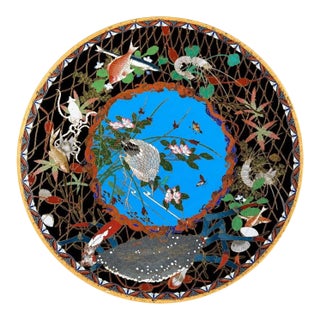 Meiji Japanese Cloisonne Enamel Charger With Crab, Fish, and Marine Life in Net For Sale
