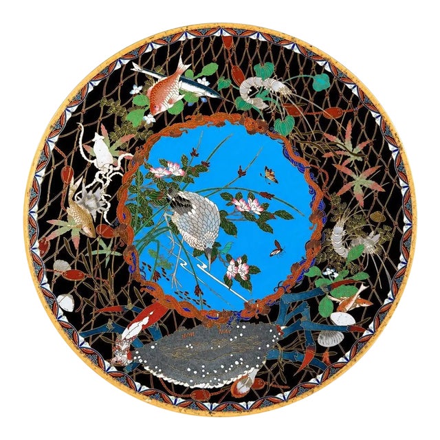 Meiji Japanese Cloisonne Enamel Charger With Crab, Fish, and Marine Life in Net For Sale