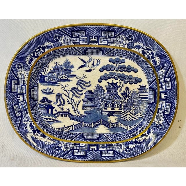 Antique Oval Gold Rimmed Blue Willow Side Dish /Vegetable Serving Platter From England - Circa 1850 For Sale - Image 11 of 11