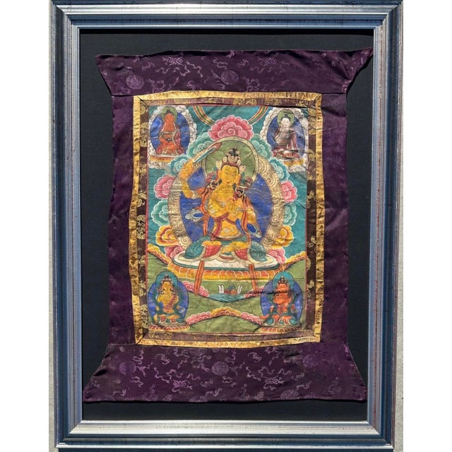 Antique Early 19th Century or Late 18th century Tibetan Manjushri Thangka – Bodhisattva of Wisdom in Custom Silver Gilt...