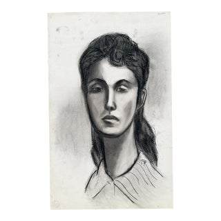 Black and White Charcoal Portrait Drawing of a Woman on Paper - Signed 1959 For Sale