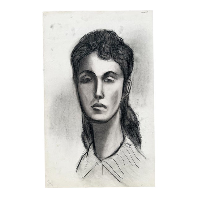 Black and White Charcoal Portrait Drawing of a Woman on Paper - Signed 1959 For Sale