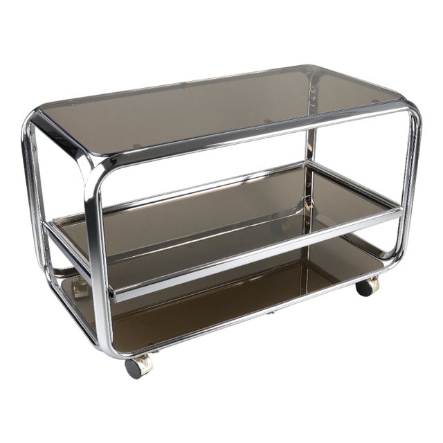 Vintage Chrome & Smoked Glass Trolley on Wheels, 1970s For Sale